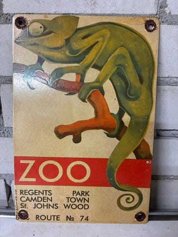 Vintage emaille Zoo bord met kameleon – retro dierentuin