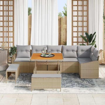 vidaXL Tuinbankenset 9 st 7-Aantal zitplaatsen Beige Poly, Verzenden, Nieuw, Rotan, Meer dan 8 zitplaatsen