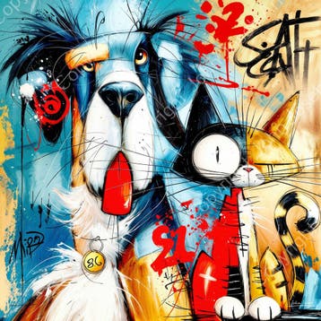 John Joseb Art glasschilderij grappige poes en hond humor, 50 – 75, Oorspronkelijke maker, Verzenden, Nieuw