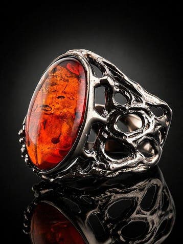 Cognac-amberring - 925 sterlingzilver - rhodiumafwerking