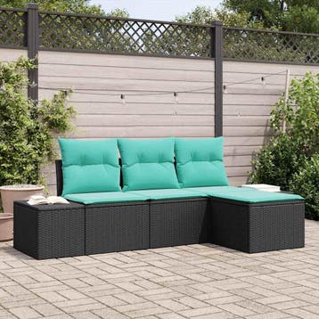 vidaXL Tuin Sofa Set 4 st Zwart en Turquoise poly rattan, Verzenden, Nieuw, Rotan, 4 zitplaatsen
