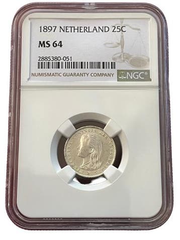 Koningin Wilhelmina 25 cent 1897 MS64 NGC gecertificeerd, Verzenden, Zilver, 25 cent, Koningin Wilhelmina
