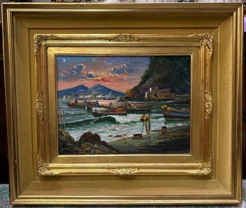 Mario Galanti (XX) - Scena costiera al tramonto, Antiek en Kunst, Kunst | Schilderijen | Klassiek