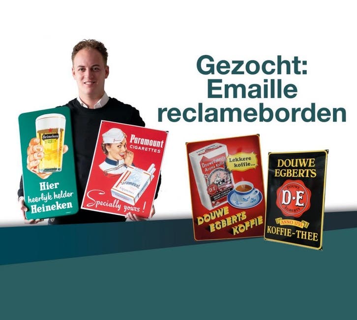 Emaille reclamebord , oud emaille bord: GEZOCHT / GEVRAAGD, Verzamelen, Merken en Reclamevoorwerpen, Gebruikt