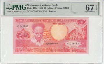 1986 Suriname 10 Gulden Pick 131a Pmg Superb Gem Unc 67 Epq, Verzenden