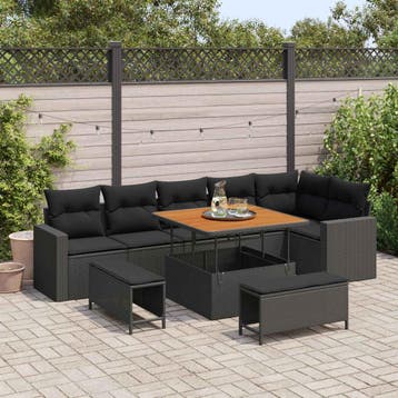vidaXL Tuinbankenset 9 pcs Zwart poly rattan, Verzenden, Nieuw, Rotan, Meer dan 8 zitplaatsen