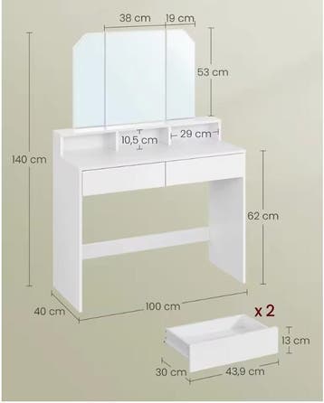 Kaptafel met Klapspiegel – Make-up Tafel met 2 Lades, Verzenden, Nieuw