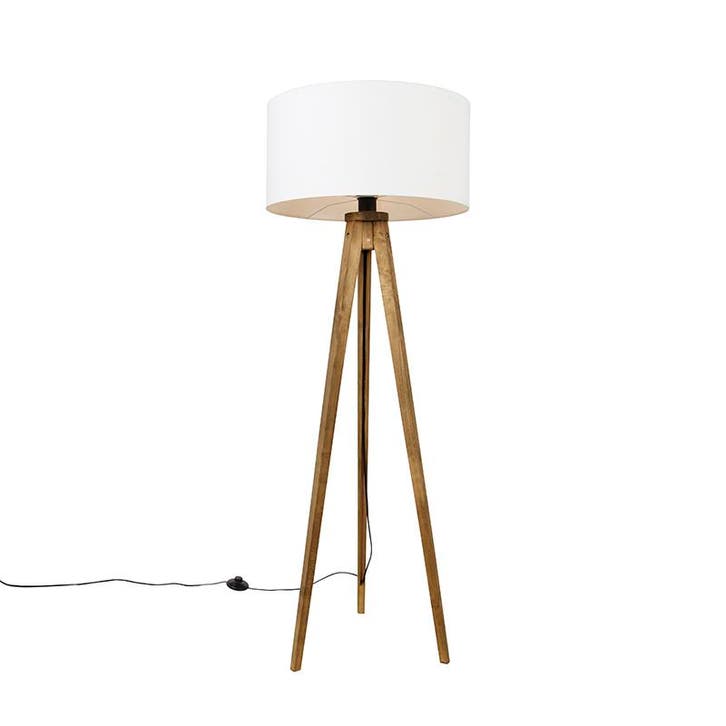 Landelijke tripod vintage hout met kap wit 50 cm - Tripod, Huis en Inrichting, Lampen | Vloerlampen, Nieuw, Hout, Verzenden