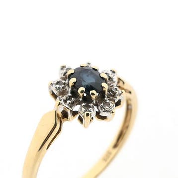 Gouden ring met saffier en diamant; 0,04 ct., Sieraden, Tassen en Uiterlijk, Ringen, 18 tot 19, Gebruikt, Ophalen of Verzenden