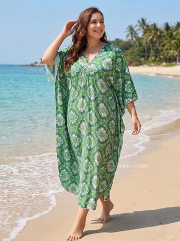 Boho rayon kaftan jurk - Groen Wild Daisy, Ophalen of Verzenden, Nieuw