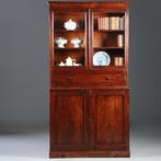 Hoge boekenkast mahonie  met archiefklep en prachtig oud gla, Ophalen of Verzenden