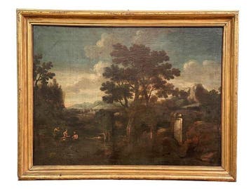 Italiaanse school (XVII) - Paesaggio collinare con viandanti, Antiek en Kunst