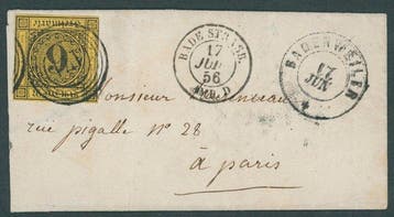 Baden 1853 - Enkele frankering 6 Kr. zwart op geel op brief, Gestempeld