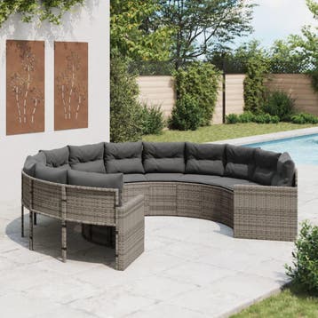 vidaXL Tuinbank met kussens rond poly rattan grijs, Tuin en Terras, Verzenden, Nieuw