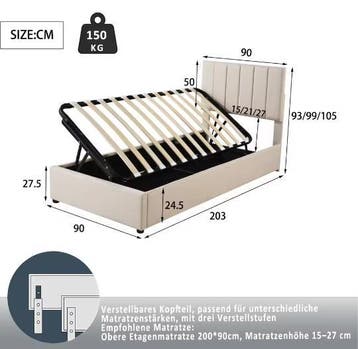 Hydraulisch Eenpersoonsbed 90x200 cm – Linnen Bedframe, Verzenden, Nieuw