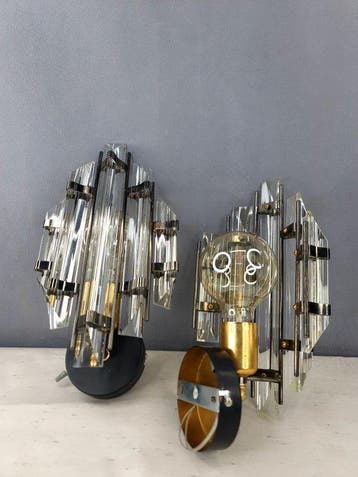 Wandlamp - Kristal en Metaal - Paar vintage wandlampen