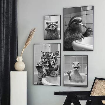 Grappige Poster Set: Zwart-Wit Dieren Poetsen Tanden - Canva