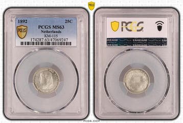 Koningin Wilhelmina 25 cent 1892 MS63 PCGS (pop 3/4), Verzenden, Zilver, 25 cent, Koningin Wilhelmina