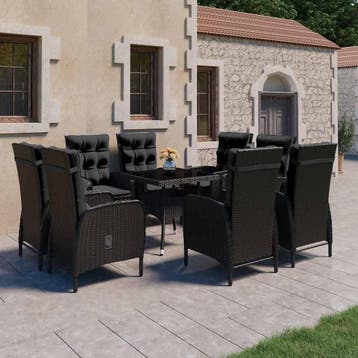 vidaXL 9-delige Tuinset poly rattan en glas zwart, Verzenden, Nieuw, 8 zitplaatsen, Tuinset