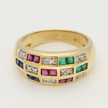 Ring - 18 karaat Geel goud - Diamant - Saffier. Robijn., Nieuw