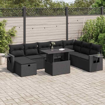 vidaXL 9-delige Loungeset met kussens poly rattan zwart, Verzenden, Nieuw, Loungeset