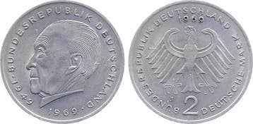 2 Mark Duitsland 2 Dm Adenauer 1969 F unmagnetisch J 406, Verzenden