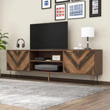 Lowboard 155 cm – TV-meubel met houtfineer deuren en goud, Verzenden, Nieuw
