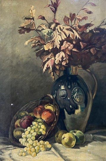 EF Carini (XX) - Stilleven met fruit en herfstbladeren, Antiek en Kunst, Kunst | Schilderijen | Klassiek