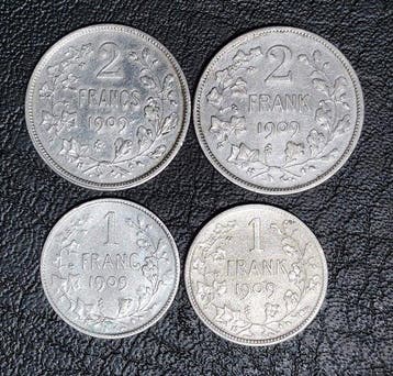 België. Leopold II. 1, 2 Francs 1909, Lot de 4 pièces en