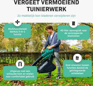 2dekans | VONROC Bladblazer – Zuigen & Versnipperen – 3300 W, Ophalen of Verzenden, Zo goed als nieuw