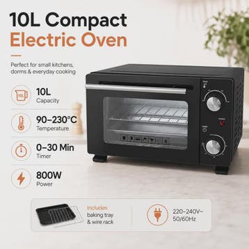Compacte Elektrische Oven 10L - 800W, 90-230°C, Timer, Bakpl, Verzenden, Nieuw