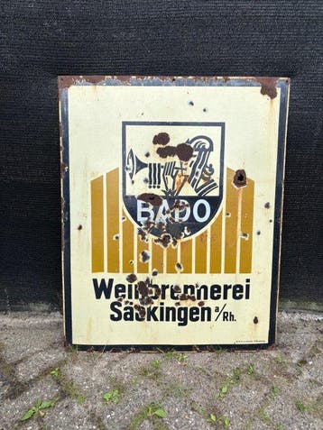 Zeldzaam groot Duits emaille reclamebord BADO Weinbrennerei