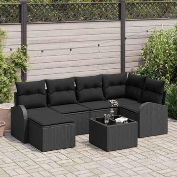vidaXL Bankstel 7 st Zwart poly rattan, Verzenden, Nieuw, 7 zitplaatsen