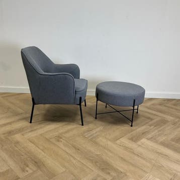 complete set fauteuil + poef, grijs - zwart, Ophalen of Verzenden, Gebruikt, Grijs, Stof