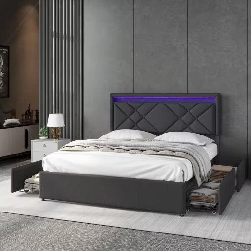 Modern Tweepersoonsbed  Linnen Bekleding, 4Lades, LED en USB, Huis en Inrichting, Slaapkamer | Bedden, Nieuw, Verzenden