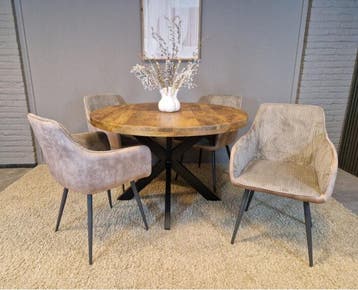Combideal eetkamerset: ronde eettafel Mangohout 120 cm met 4, Ophalen of Verzenden, Nieuw