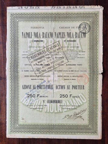 Italië. 250 Francs - 1884 -Ferrovia Napoli - Nola - Baiano e, Antiek en Kunst