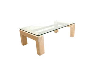 Moderne salontafel met glazen blad en robuust houten onderst, Huis en Inrichting, Tafels | Salontafels, Ophalen of Verzenden, Nieuw