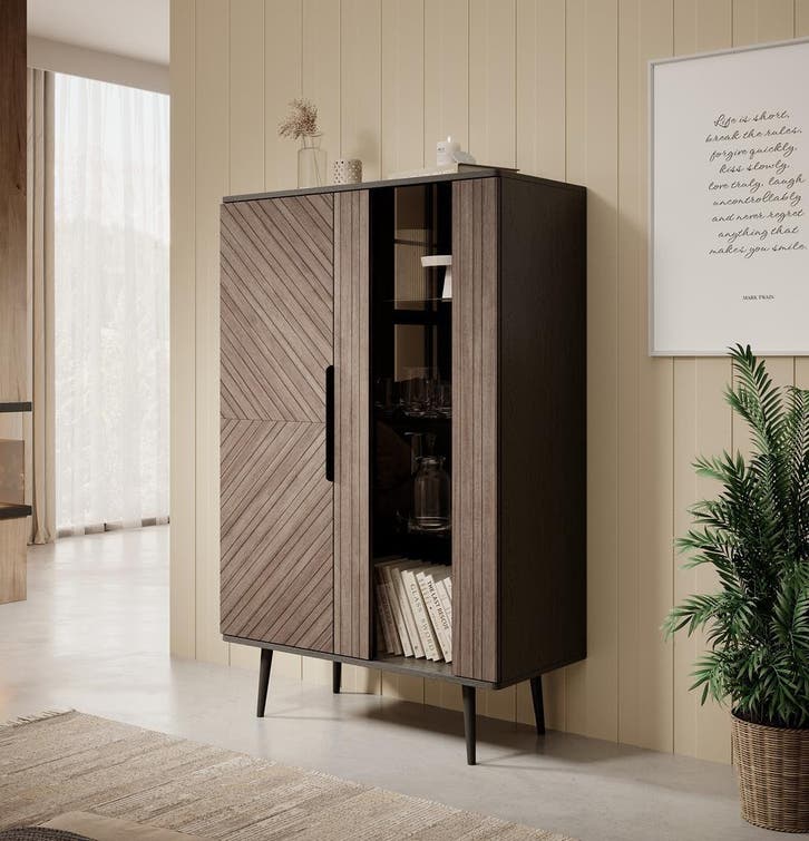 Vitrinekast - Eiken - Zwart - Met glas - 90x41x140 cm, Huis en Inrichting, Kasten | Vitrinekasten, 25 tot 50 cm, Met deur(en)