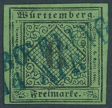 Württemberg 1851 - gestempeld, met brede rand 6 Kr. met PLF, Gestempeld