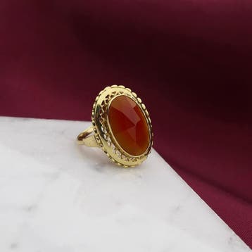 Gouden statementring met carneool; 14 karaat; ringmaat 15,75, Gebruikt, Ophalen of Verzenden, Kleiner dan 17, Met edelsteen