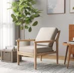 Loungestoel met Houten Frame – Linnenlook &amp; Kussens, Huis en Inrichting, Stoelen, Verzenden, Nieuw