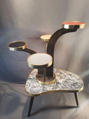 Tafel - Hout, Messing, Marmer - Vierarmige plantenhocker