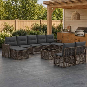 vidaXL Tuinbankenset 10 st Grijs en Donkergrijs poly rattan, Verzenden, Nieuw, Meer dan 8 zitplaatsen