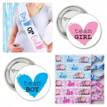 Genderreval set met 1 sjerp en 12 armbandjes en 12 buttons, Verzenden, Nieuw, Versiering, Geboorte of Huwelijk
