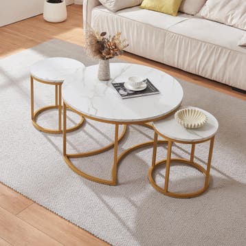 Salontafel Christchurch rond set van 3 marmer wit en goudkle, Verzenden, Nieuw