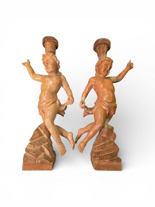 sculptuur, Antichi Cherubini Legno 40 cm, circa 1900 - 40 cm, Antiek en Kunst, Antiek | Meubels | Stoelen en Banken