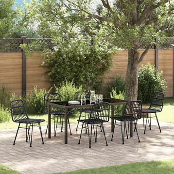 vidaXL Tuin eettafelset 7 pcs Zwart Gepoedercoat staal, Verzenden, Nieuw, Rotan, 7 zitplaatsen