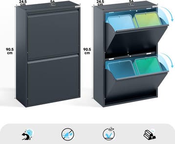 Prullenbak 4 vakken–Afvalem 60 Lt-62x25x93cm-Wit-Zwart-Grjs, 40 liter of meer, Ophalen, Nieuw, Metaal