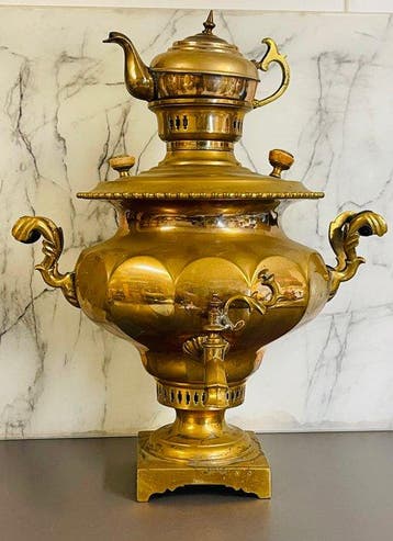 Samovar - Antiek Russisch koperen houtskool-samovar met, Antiek en Kunst